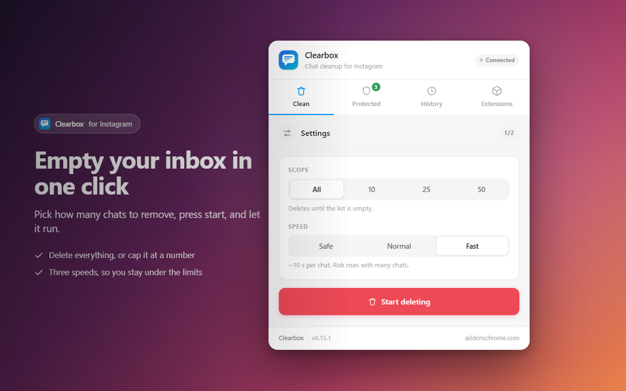 Clearbox paneli — kaç Instagram sohbetinin silineceğini seçme