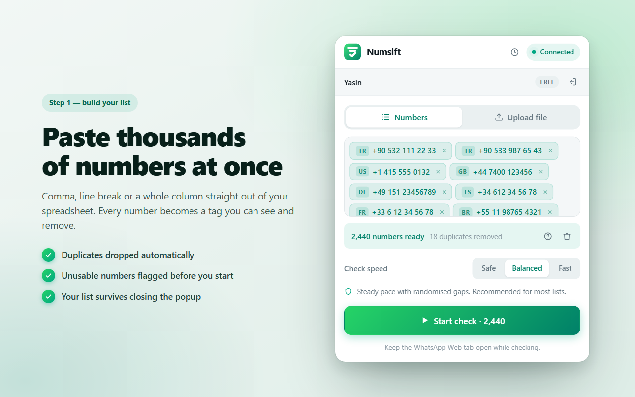 Numsift Numbers tab with phone numbers from Turkey, the US, the UK, Germany, Spain, France and Brazil shown as removable tags, 2,440 numbers ready and 18 duplicates removed
