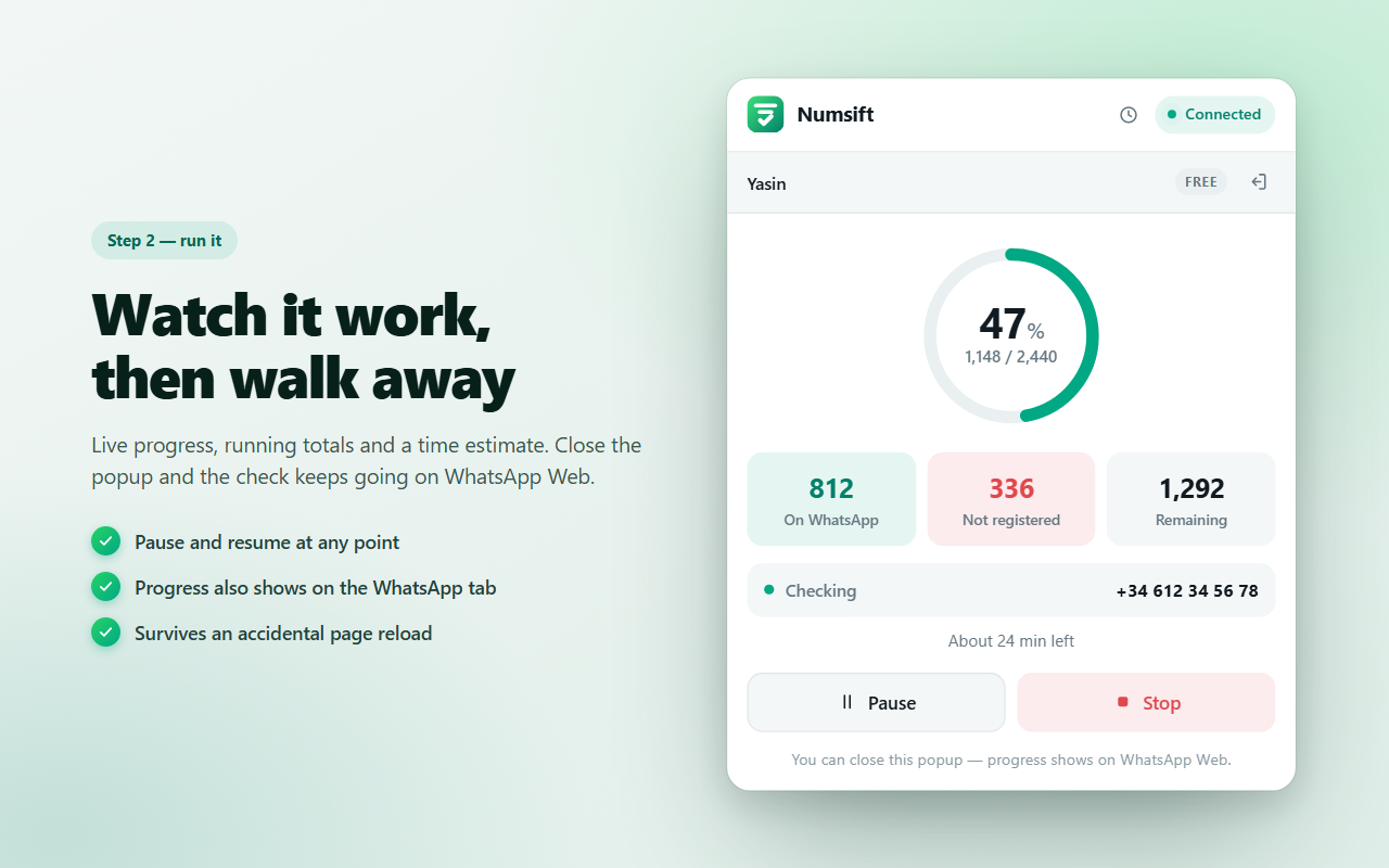 Numsift live progress ring at 47 percent, 1,148 of 2,440 numbers checked, 812 on WhatsApp, 336 not registered, about 24 minutes left, with Pause and Stop buttons