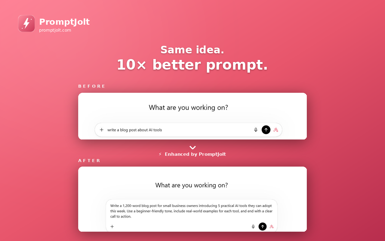 PromptJolt AI prompt enhancer rewriting a ChatGPT prompt with one click
