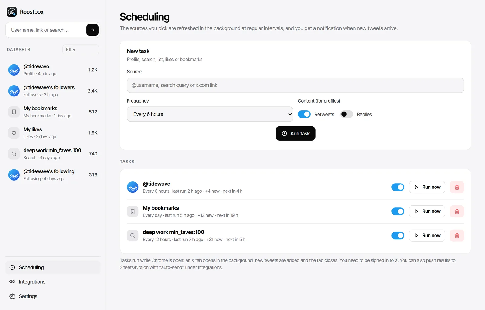 Scheduled Twitter exports in Roostbox: a profile, bookmarks and a search refreshed automatically