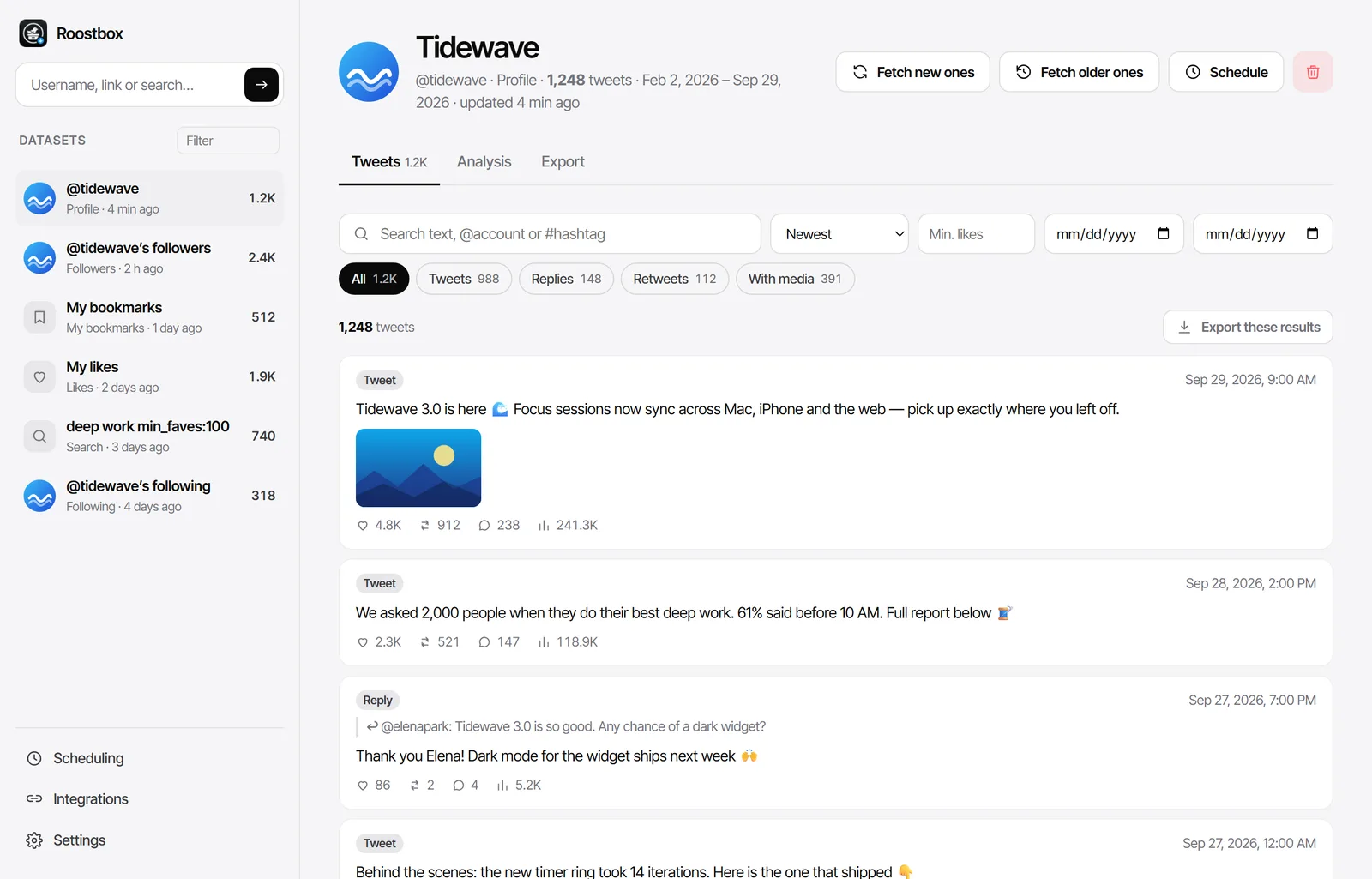 Roostbox dashboard: 1,248 exported tweets with likes, retweets, replies and views, searchable and filterable