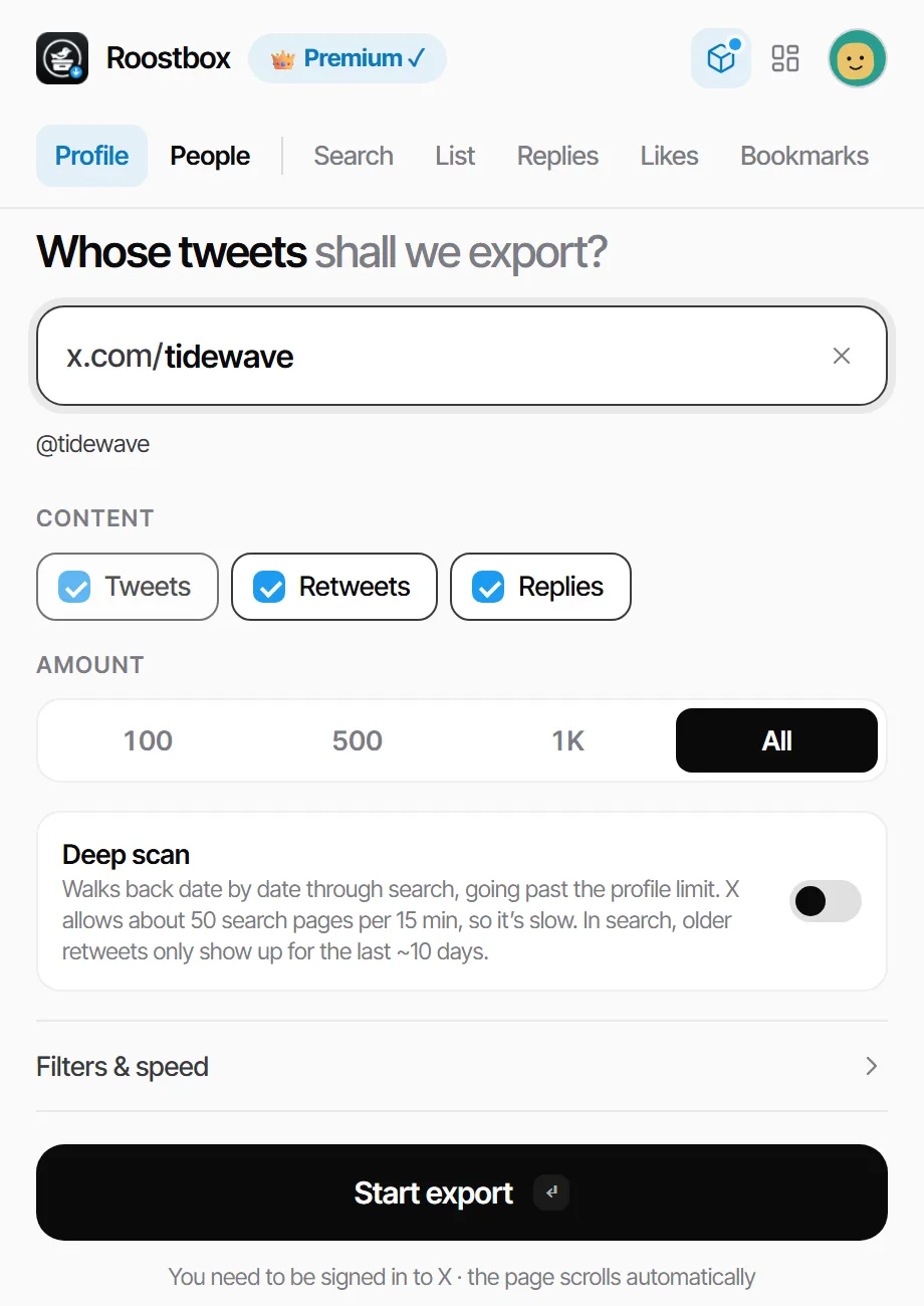 Roostbox popup: export all tweets from a Twitter/X profile