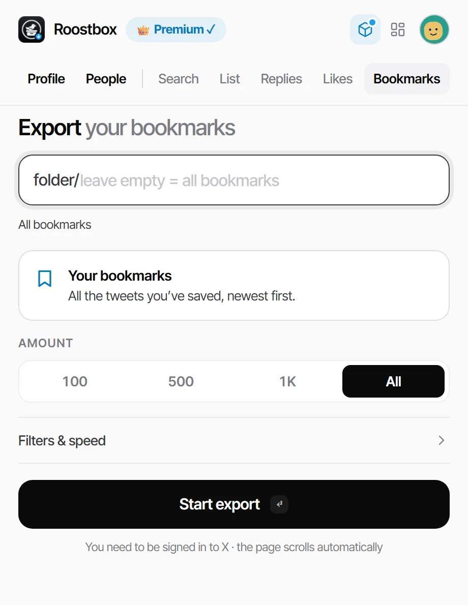 Roostbox popup, Bookmarks tab: export Twitter bookmarks