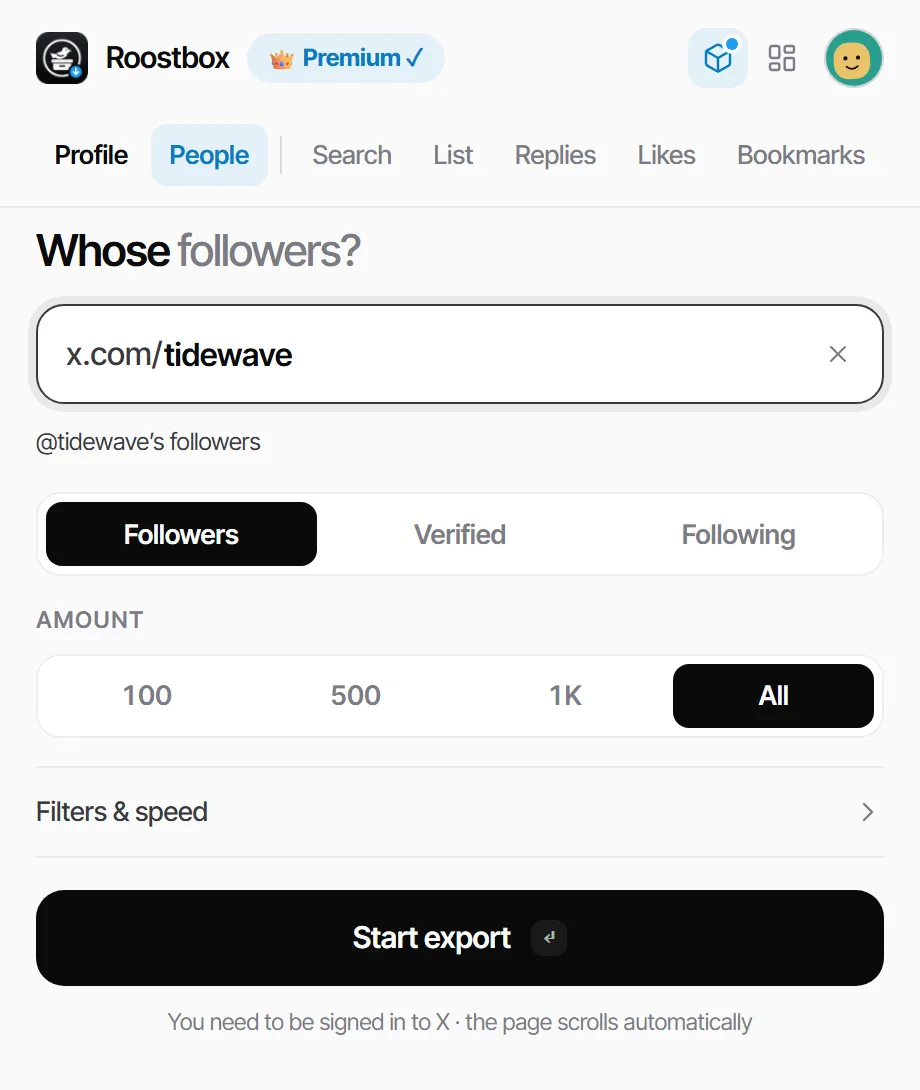 Roostbox popup, People tab: export Twitter followers of an account