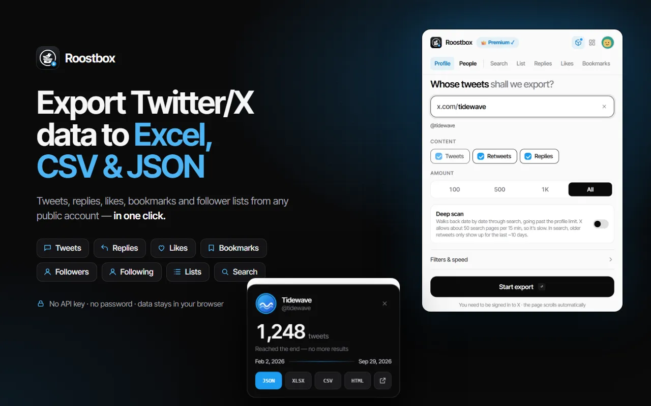 Roostbox exports Twitter/X data to Excel, CSV and JSON