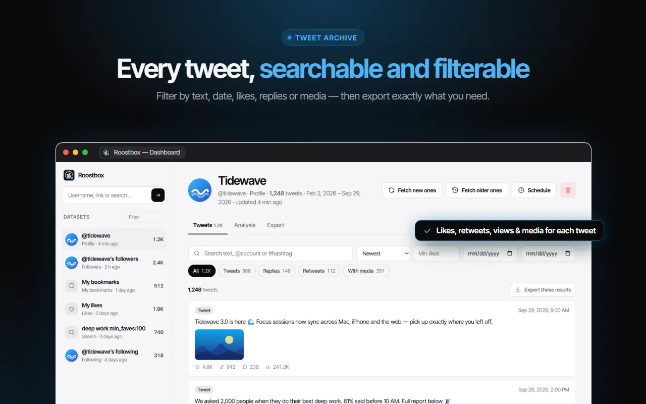 Every exported tweet, searchable and filterable