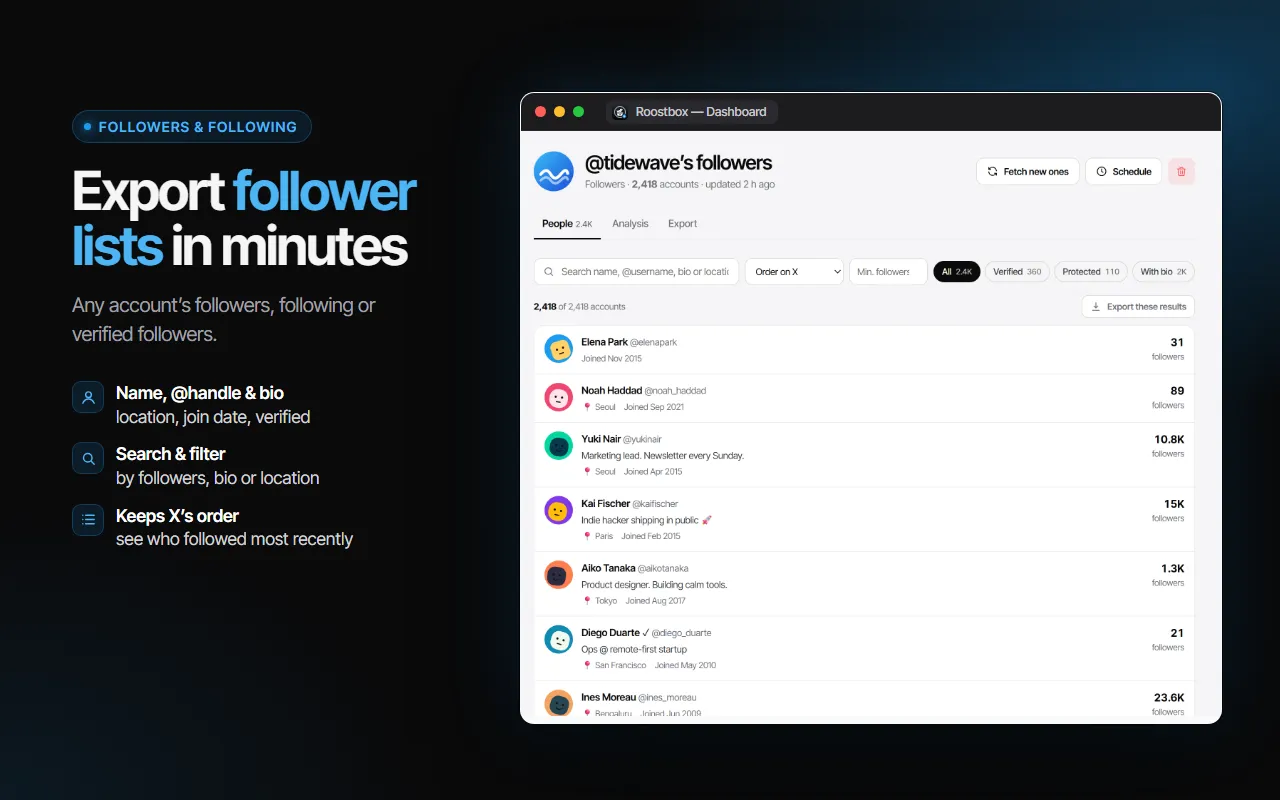 Export Twitter follower lists
