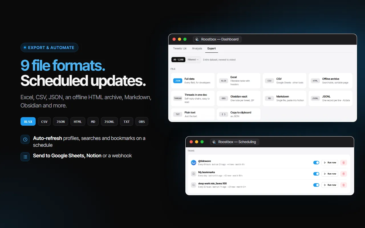 Nine export formats and scheduled updates