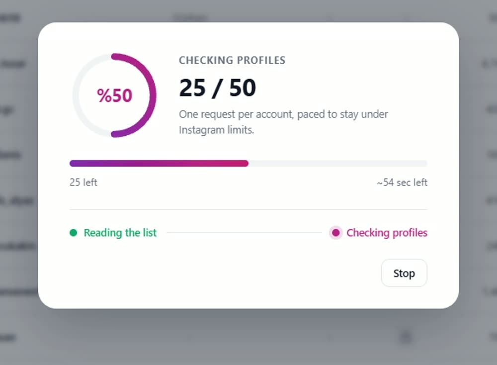 Rosterbox recopilando la lista de seguidores a un ritmo que respeta los límites de Instagram