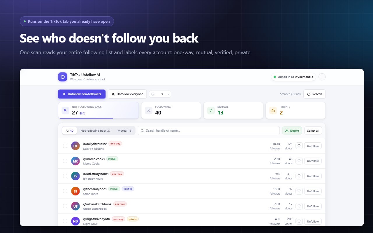 TikTok'ta sizi takip etmeyenleri gösteren eklenti ekranı